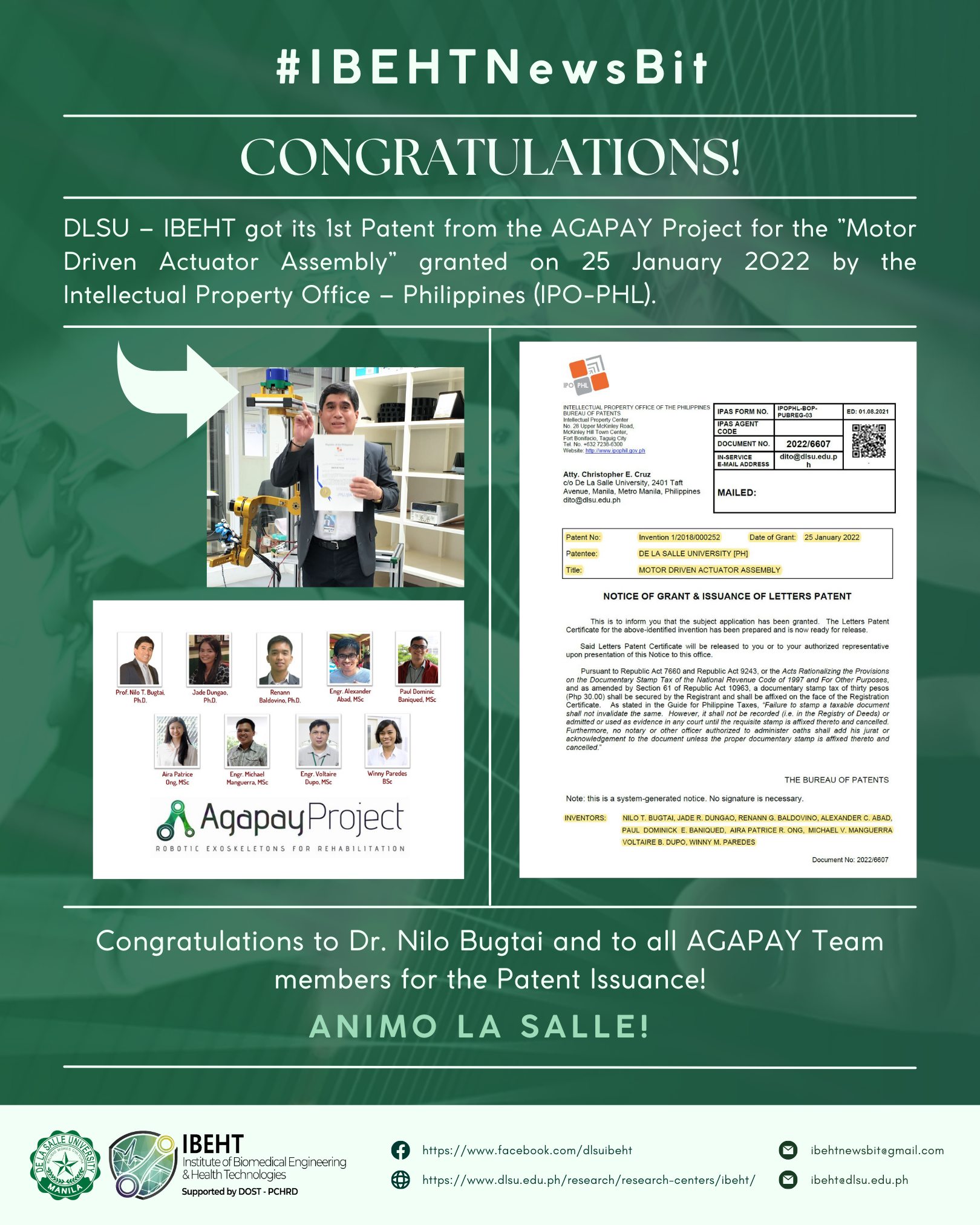 DLSU-IBEHT’s Agapay Project secures its first patent certificate