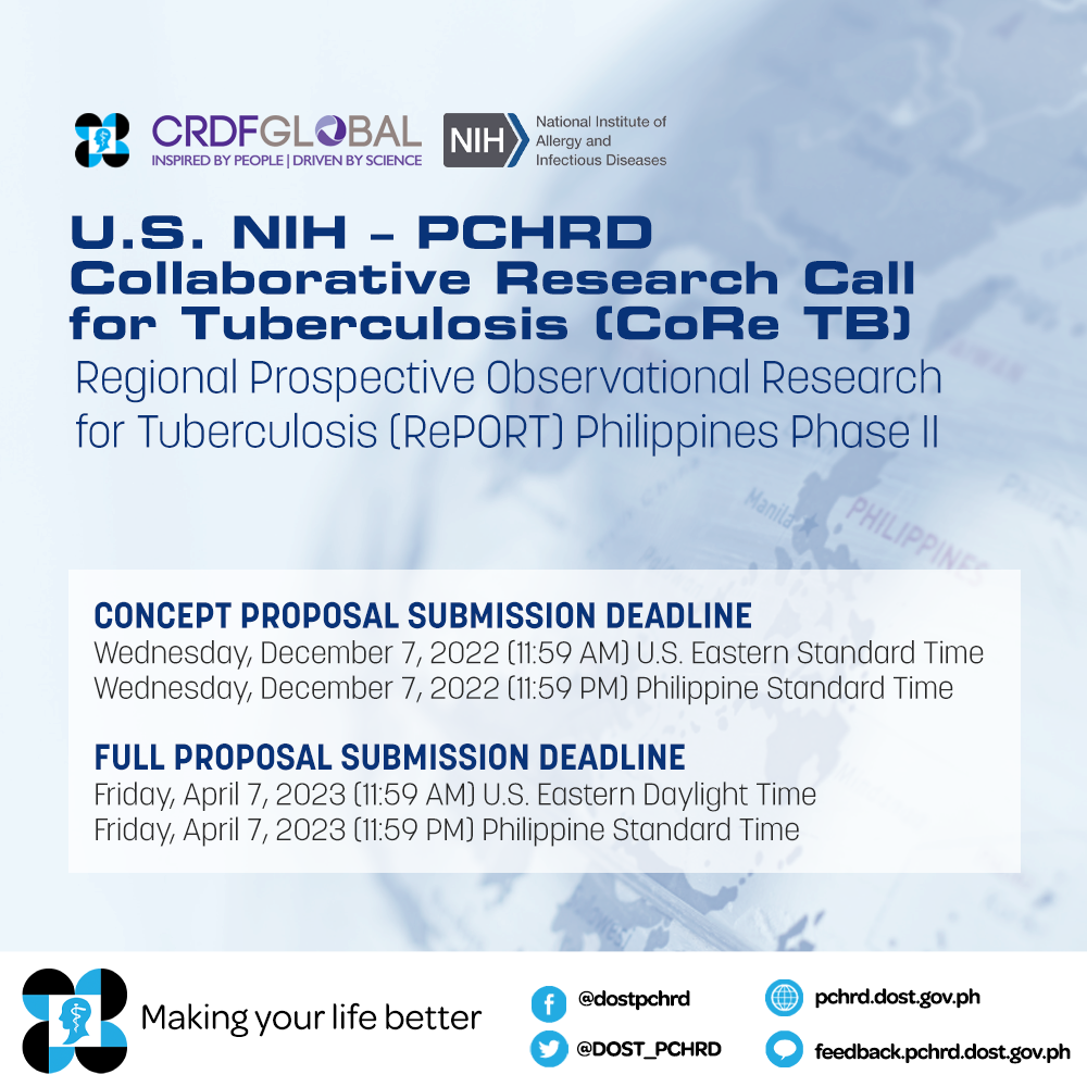 CALL FOR PROPOSALS: Regional Prospective Observational Research in Tuberculosis (RePORT) Philippines Phase II: U.S. NIH – PCHRD Collaborative Research Call for Tuberculosis (CoRe TB)